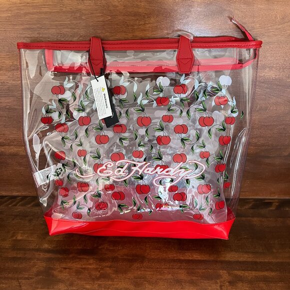 Ed Hardy Red Cherries Logo Clear Tote NEW - Picture 1 of 7